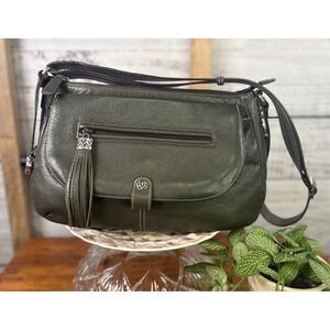 Brighton Olive Green Leather Expandable Hobo Shoulder Bag With Heart Charm